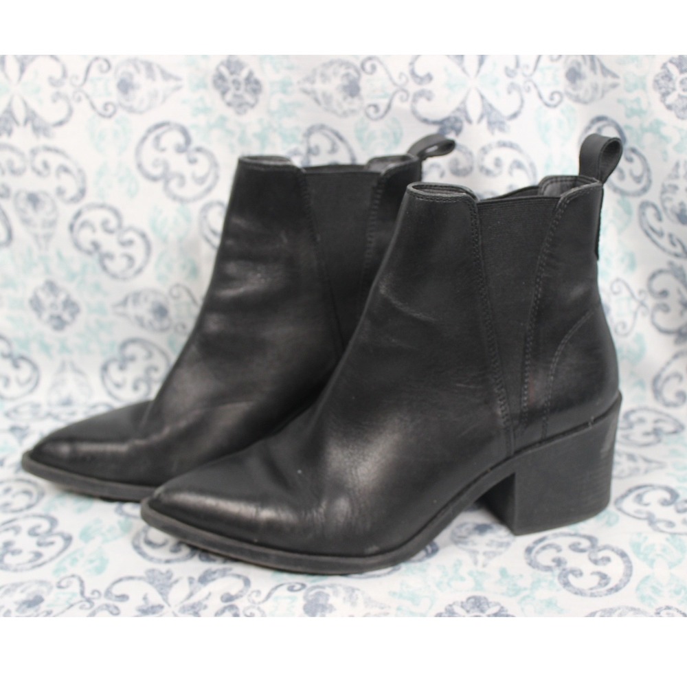 Steve Madden Audience Black Leather Pointed Toe Block Heel‎ Ankle Boots 8M